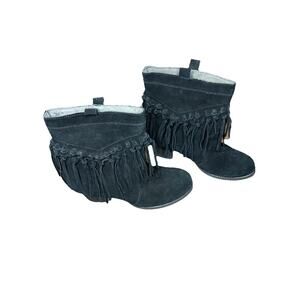 Sbicca Boots Women's 8.5 Sound Fringe Ankle Booties Black Leather Heeled Western